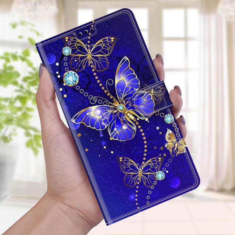 Θήκη Flip Samsung Galaxy S22 Ultra 5G με κορδονι Ανεμιστήρας Strap Butterflies